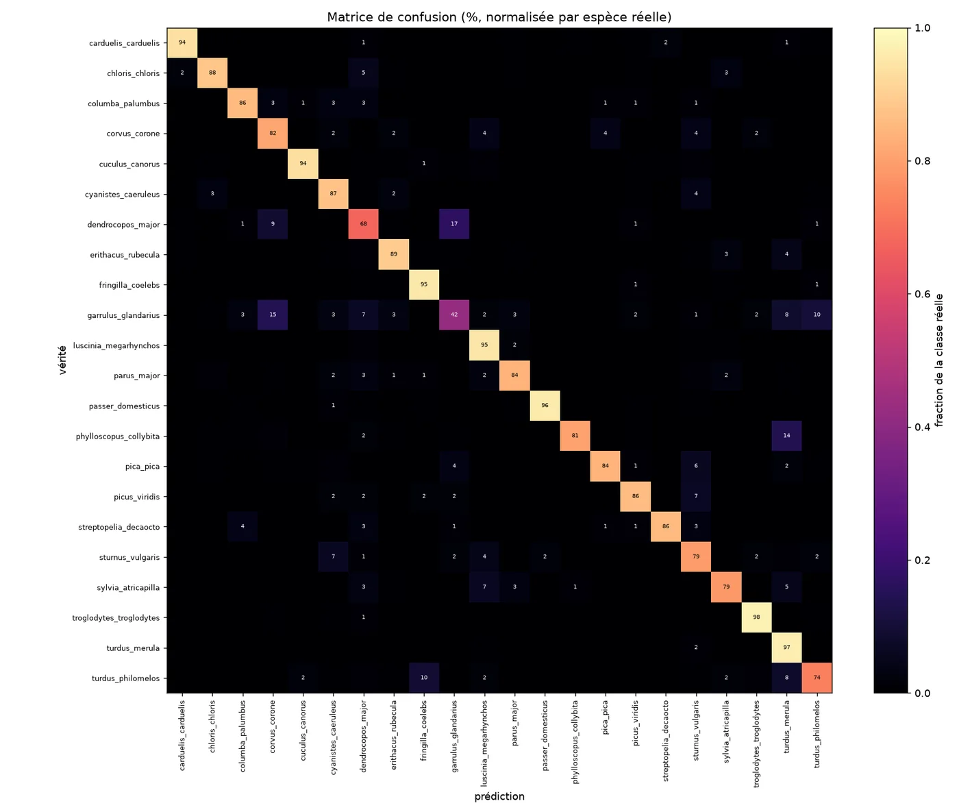 Birdsong — matrice de confusion sur le jeu de test