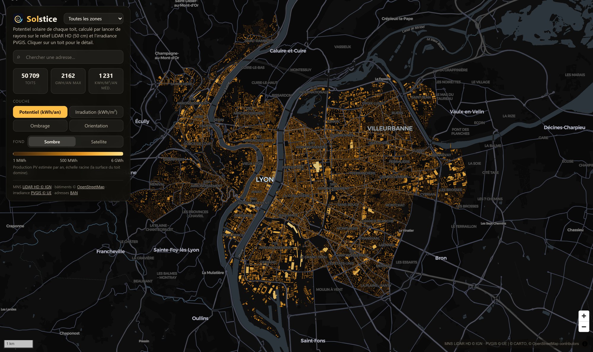 Carte du potentiel solaire des toits de Lyon et Villeurbanne